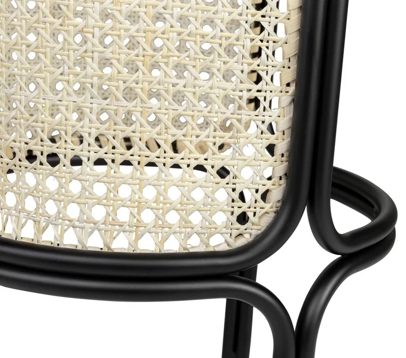 Casa Padrino Designer Barhocker Schwarz / Naturfarben Ø 40,5 x H. 75,5 cm - Runder gepolsterter Barstuhl mit edlem Rattangeflecht und pulverbeschichtetem Stahlrahmen