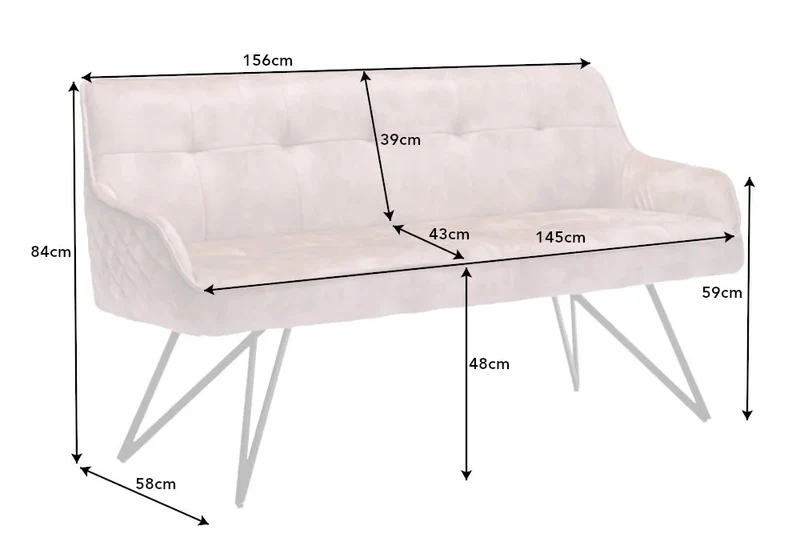 Elegante Sitzbank HORA ca.160cm Samt sand Retrostil Armlehnen
