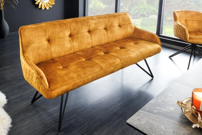 Elegante Sitzbank HORA ca.160cm Samt ocker-gelb Retrostil Armlehnen