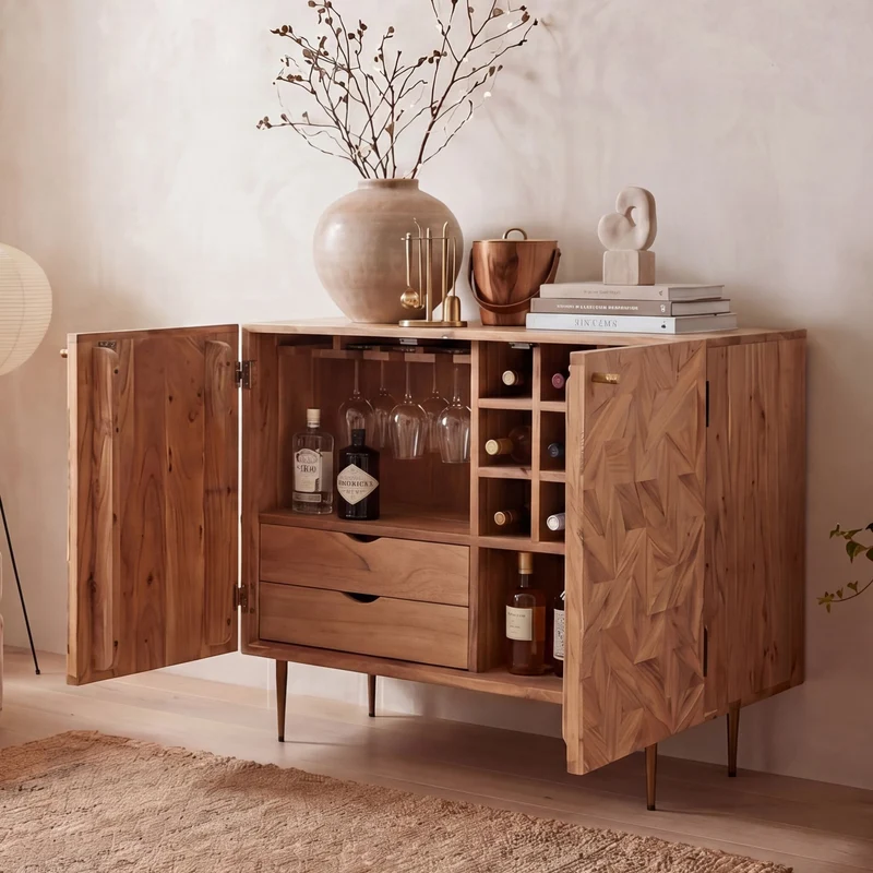 Hausbar Akazie Massivholz mit Weinregal von Wohnling, 90 cm