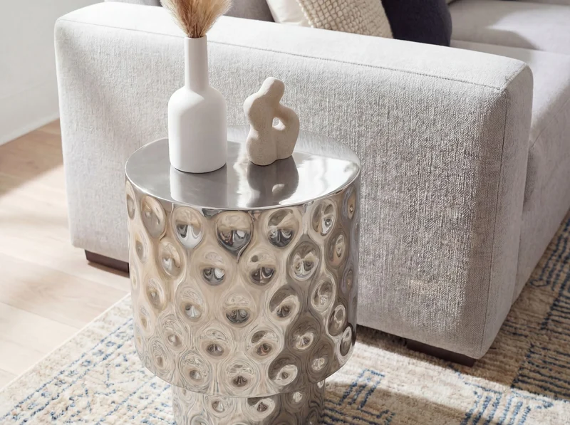 Beistelltisch Aluminium Silber Rund 36 cm, Handmade Loungetisch