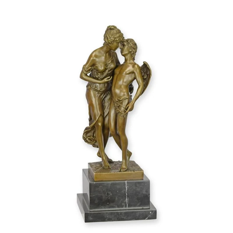 Casa Padrino Bronze Skulptur Das Geheimnis Bronzefarben / Grau 12,9 x 12,9 x H. 34,6 cm - Bronzefigur Paar mit Amor auf Marmorsockel - Luxus Deko