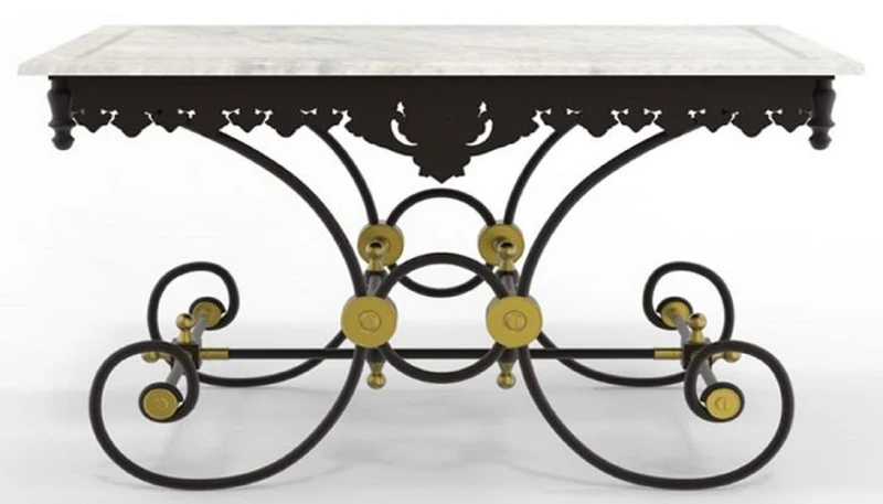 Casa Padrino Jugendstil Gartentisch Weiß / Schwarz / Messing 130 x 80 x H. 75 cm - Nostalgischer Schmiedeeisen Garten & Terrassen Tisch mit Marmorplatte - Jugendstil Garten & Terrassen Möbel
