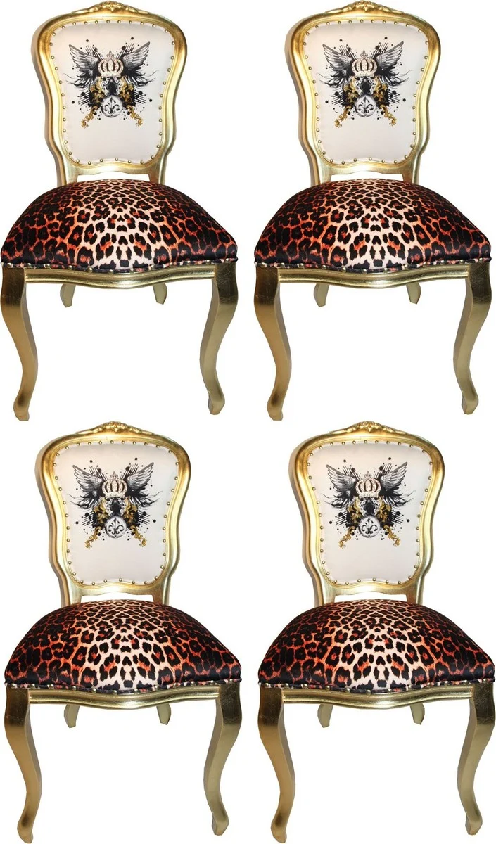 Pompöös by Casa Padrino Luxus Barock Esszimmerstühle Glitzerkrone & Engelsflügel Leopard / Weiß / Gold 50 x 60 x H.104 cm - Pompööse Barock Stühle designed by Harald Glööckler - 4 Esszimmerstühle