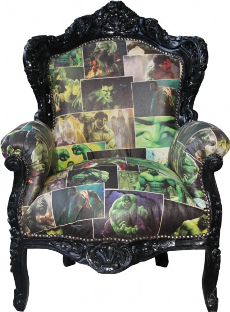 Casa Padrino Barock Sessel King Comic Design / Schwarz Lederoptik - Massivholz - 120 x 85 x 85 cm