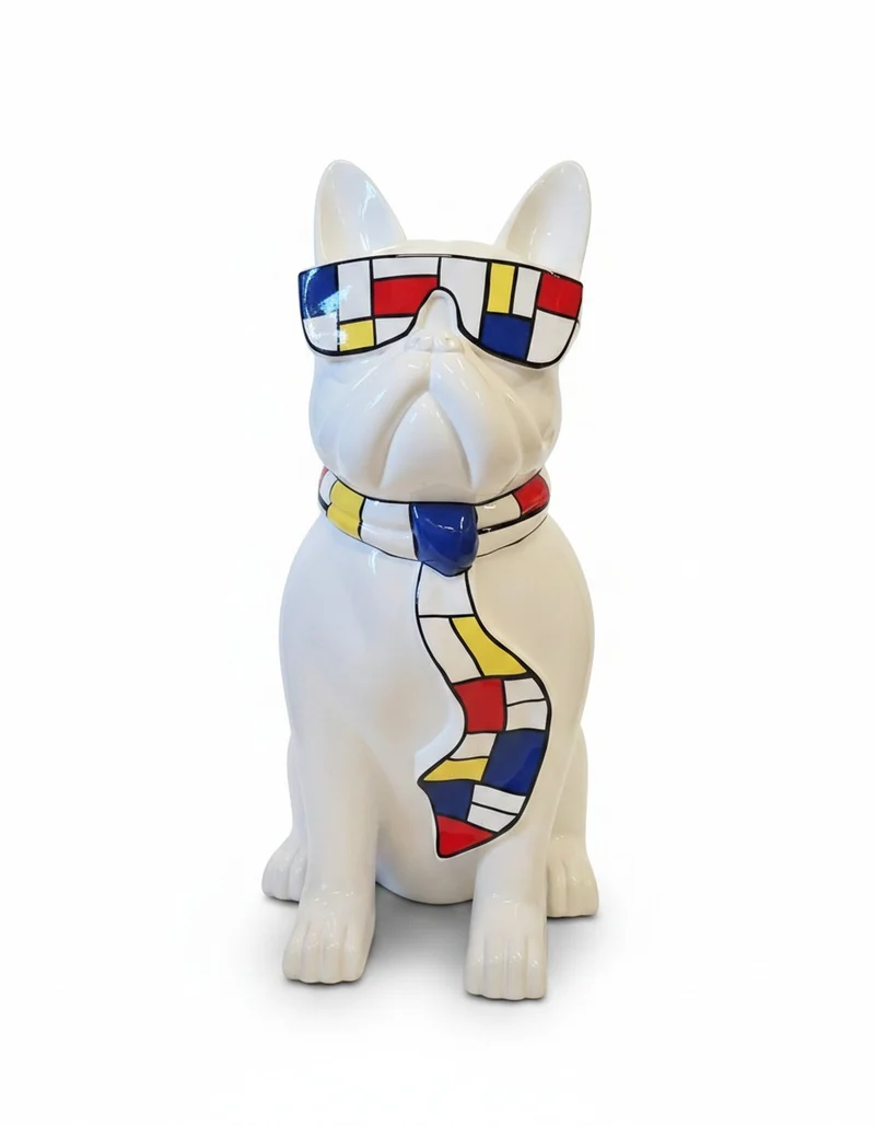Casa Padrino Luxus Deko Skulptur Hund Bulldogge Brille Krawatte Mondrian H. 80 cm - Deko Skulptur - Deko Figur - Tierfigur - Gartendeko