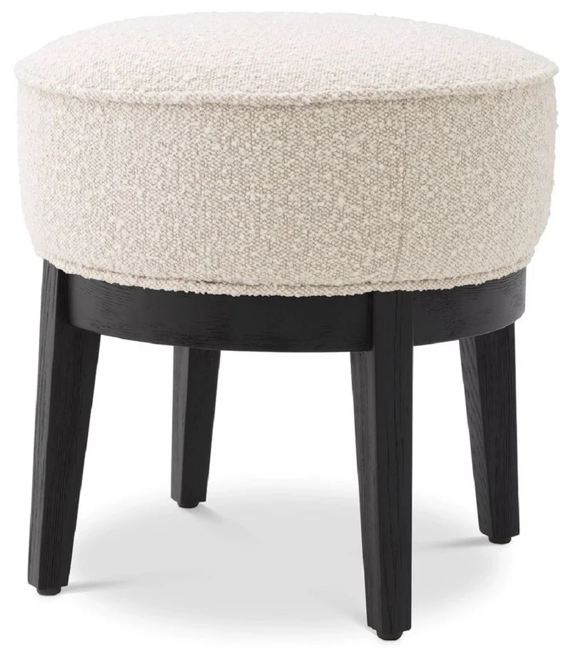 Casa Padrino Luxus Hocker Cremefarben / Schwarz Ø 45,5 x H. 47 cm - Runder Wohnzimmer Sitzhocker - Moderner Rundhocker - Luxus Möbel