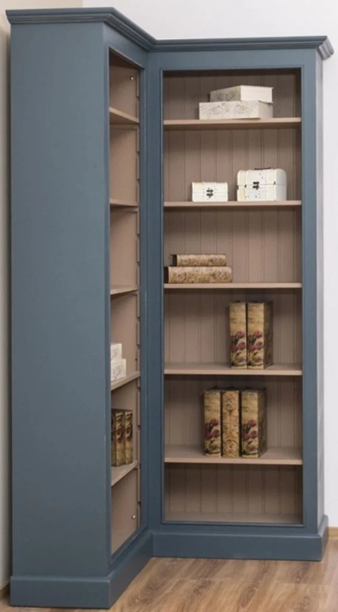Casa Padrino Landhausstil Eckschrank Blau / Beige 102 x 102 x H. 210 cm - Massivholz Bücherschrank - Landhausstil Wohnzimmer Möbel