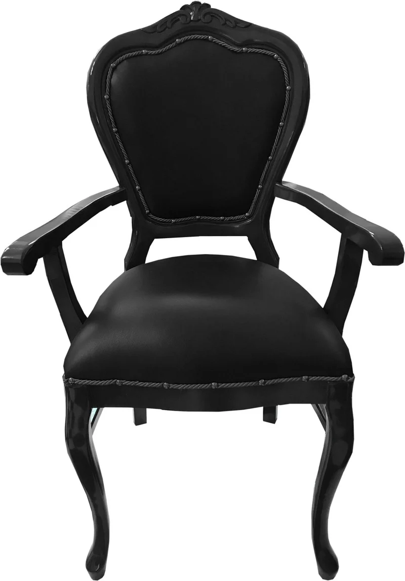Casa Padrino Barock Luxus Echtleder Esszimmer Stuhl Schwarz / Schwarz mit Armlehnen - Handgefertigte Möbel mit echtem Leder