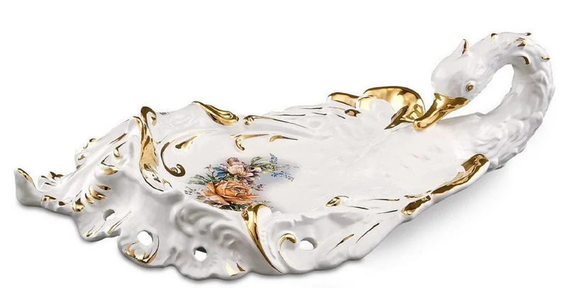 Casa Padrino Barock Serviertablett Schwan mit Blumen Weiß / Gold / Mehrfarbig 54 x 30 x H. 16 cm - Handbemaltes Keramik Tablett im Barockstil