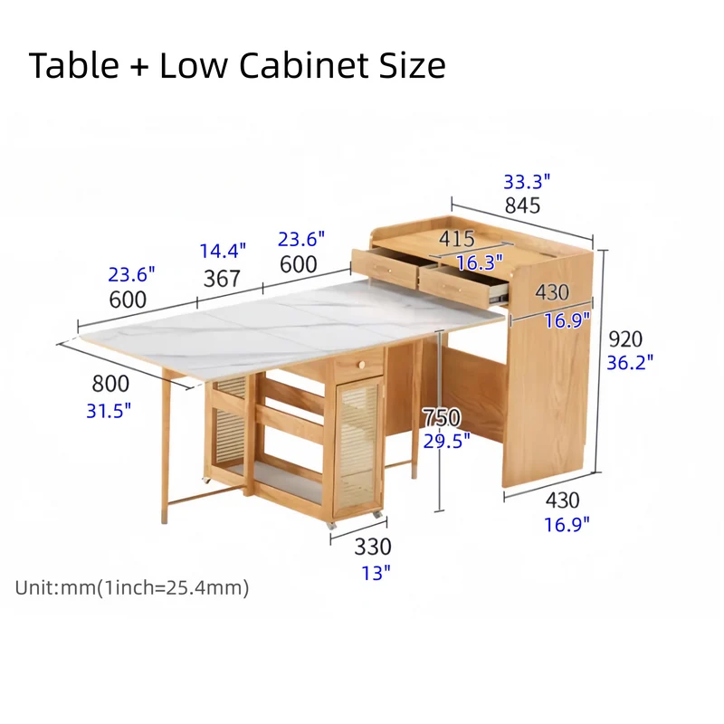 Doppelt klappbarer Esstisch mit Sideboard und 4 Klappstühlen