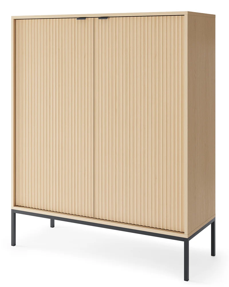 Zweiturige Kommode Vellore mit geriffelter Front, 104 cm, Vicenza-Eiche auf schwarzen Beinen