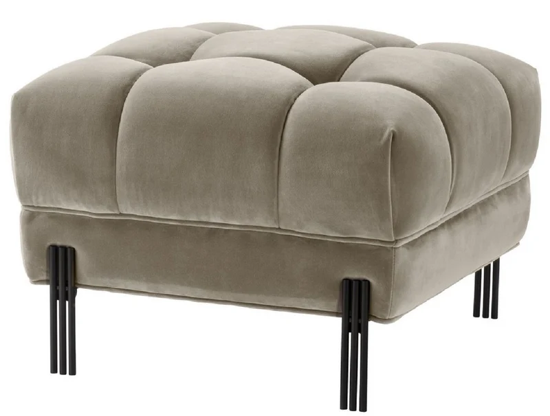 Casa Padrino Luxus Fußhocker Greige / Schwarz 59 x 59 x H. 43 cm - Samt Hocker mit Edelstahl Beinen - Wohnzimmer Möbel