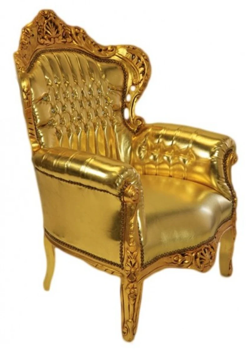 Casa Padrino Barock Sessel King Gold in Lederoptik mit Glitzersteinen 85 x 85 x H. 120 cm