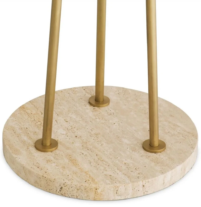 Casa Padrino Luxus Stehleuchte Antik Messingfarben / Beige / Weiß Ø 70 x H. 185 cm - Moderne Stahl Stahlampe mit Travertin Naturstein Lampenfuß und rundem Glas Lampenschirm - Luxus Kollektion