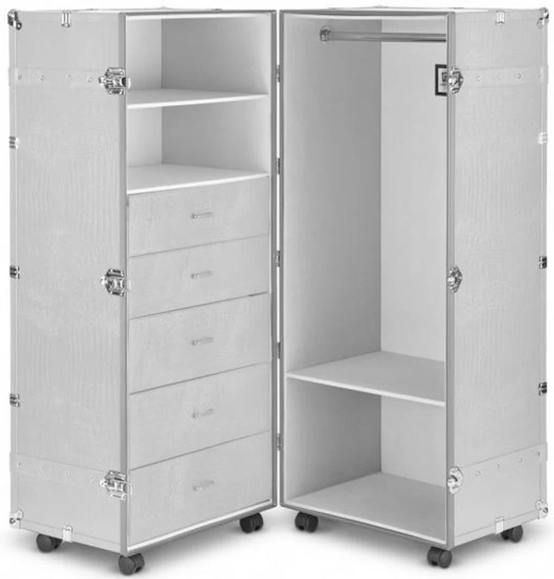 Casa Padrino Luxus Kunstleder Kofferschrank mit Rollen Weiß / Silber 60 x 86 x H. 143 cm - Schrankkoffer im Vintage Stil - Luxus Accessoires