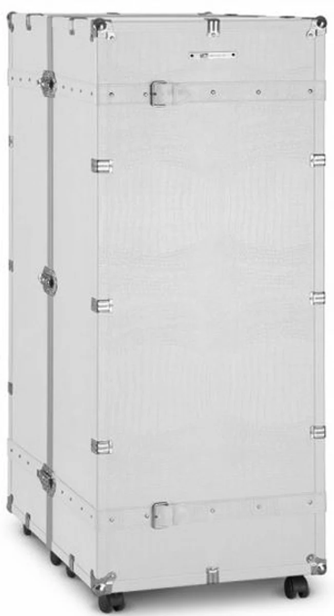Casa Padrino Luxus Kunstleder Kofferschrank mit Rollen Weiß / Silber 60 x 86 x H. 143 cm - Schrankkoffer im Vintage Stil - Luxus Accessoires