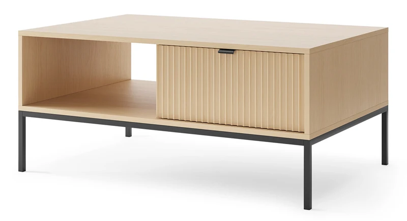 Couchtisch Vellore mit zwei Schubladen und gerillter Front, 104x68 cm, Vicenza-Eiche auf schwarzen Beinen