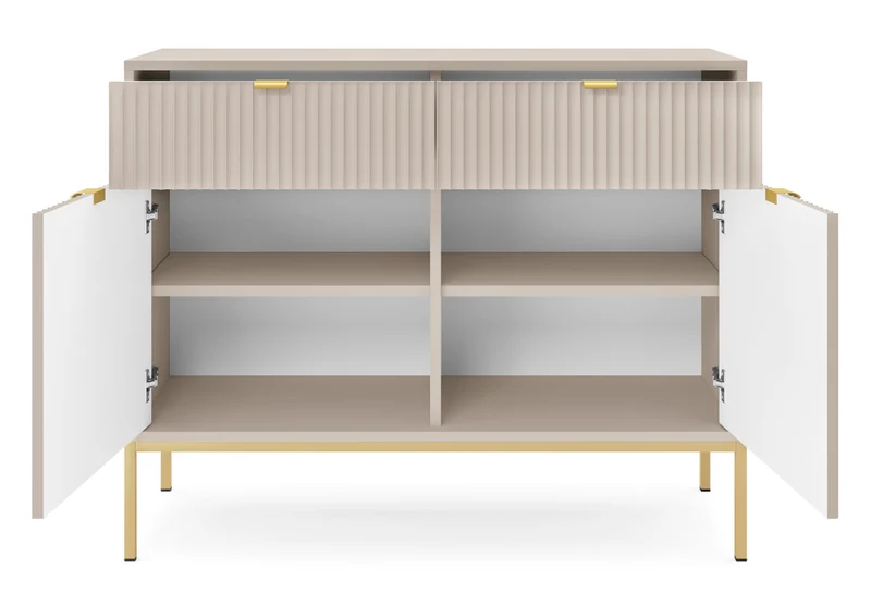 Zweiturige Kommode Vellore 104 cm Kaschmir mit gerillten Fronten und goldenem Gestell
