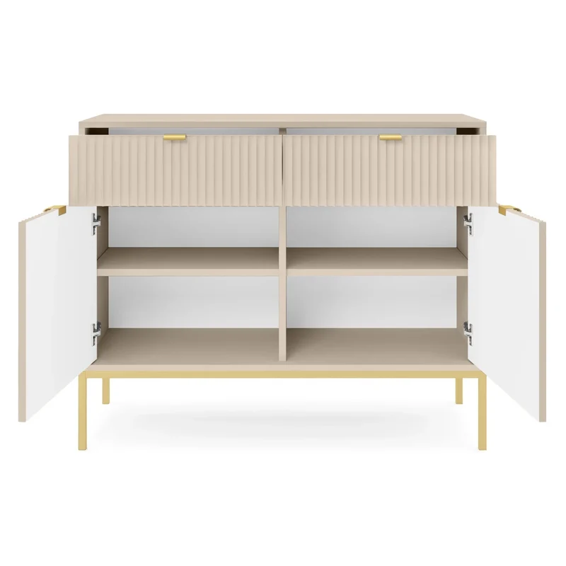 Zweiturige Kommode Vellore 104 cm beige mit gerillten Fronten und goldenem Gestell