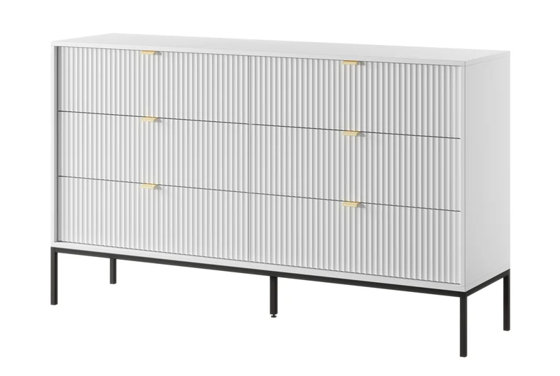 Kommode mit sechs Schubladen Vellore 154 cm weiß mit gerillten Fronten und schwarzem Gestell