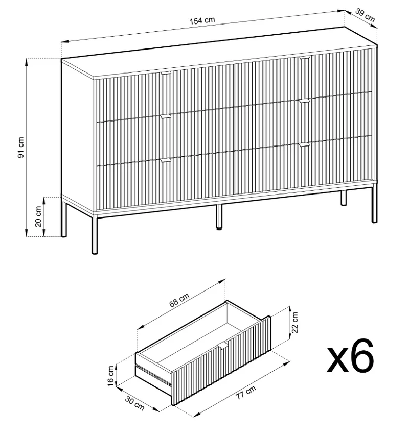 Sechsschubladige Kommode Vellore 154 cm grau mit gerillten Fronten und goldenem Gestell