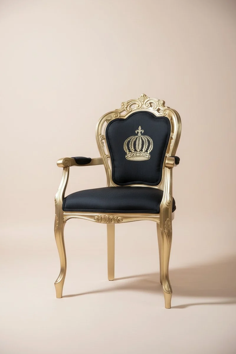Casa Padrino Luxus Barock Esszimmerstuhl mit Armlehnen Schwarz / Gold - Pompöös by Harald Glööckler Design - 48 x 54 x 105 cm