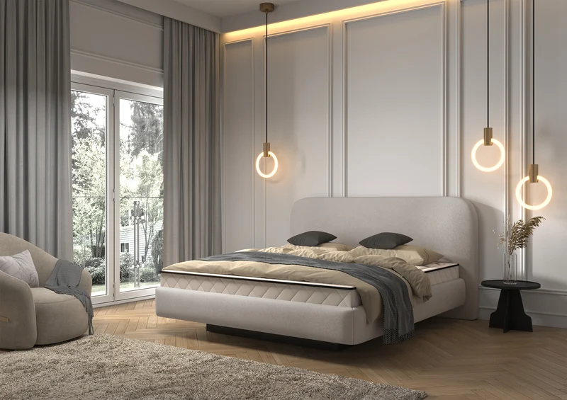 Gepolstertes Bett 120x200 cm Nellado mit Stauraum, grau-beige Chenille