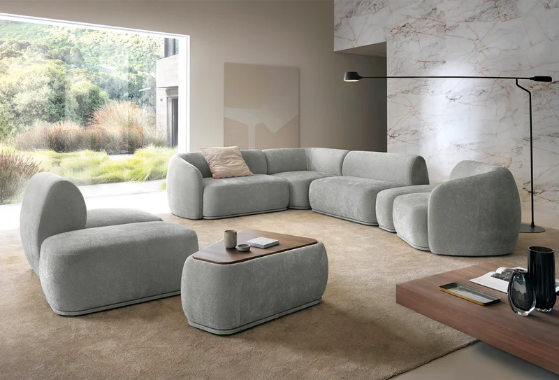 Modulares dreieckiges Pouf mit Bommo-Tischplatte, grauer Chenille