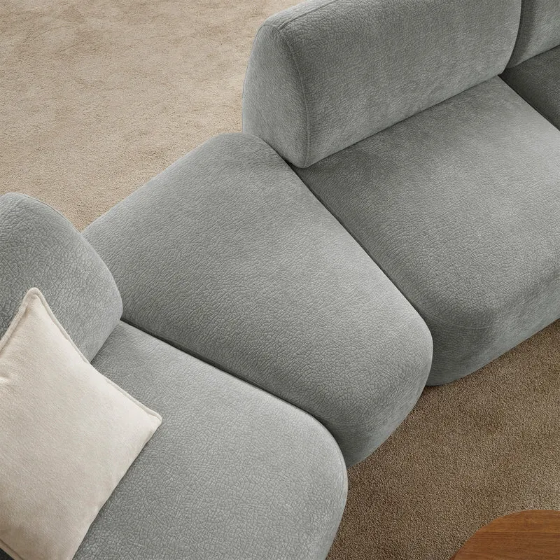 Modulares Ecksofa Bommo L-förmig mit Pouf, rechtsseitig, grauer Chenille-Stoff