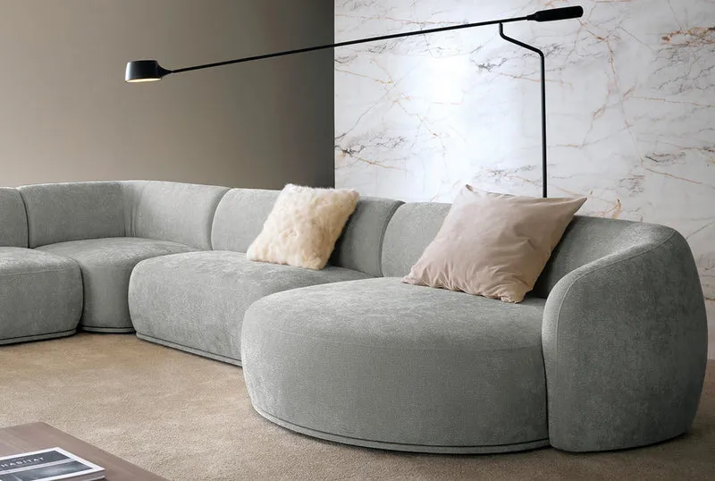 Modulares Ecksofa Bommo L-förmig mit Pouf, rechtsseitig, grauer Chenille-Stoff