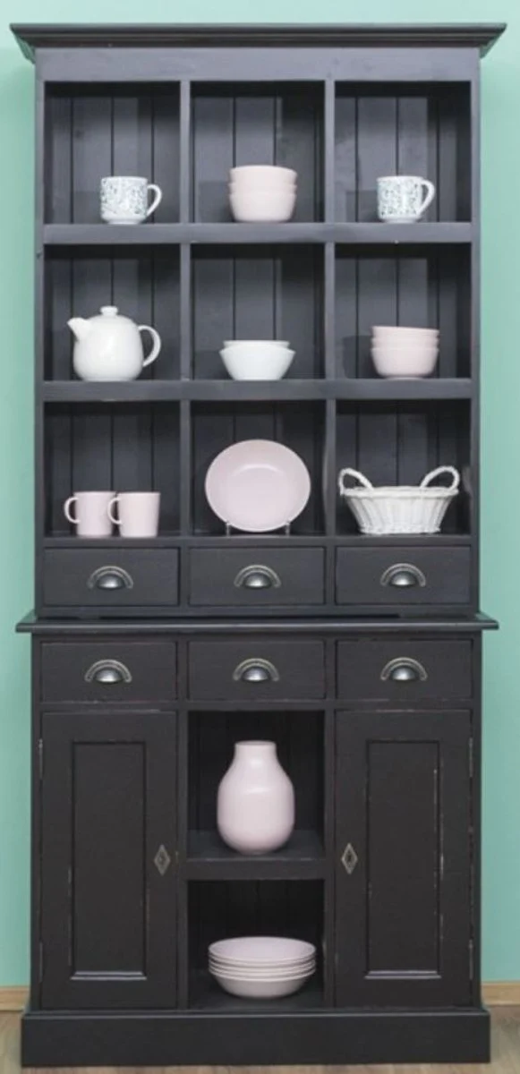 Casa Padrino Landhausstil Schrank Antik Schwarz 97 x 40 x H. 210 cm - Massivholz Regalschrank mit 2 Türen und 6 Schubladen - Möbel im Landhausstil