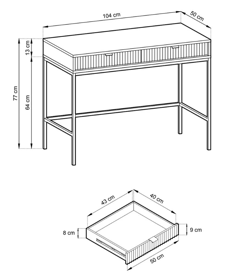 Schminktisch-Schreibtisch Vellore 104 cm Kaschmir mit gerillten Fronten und goldenem Gestell