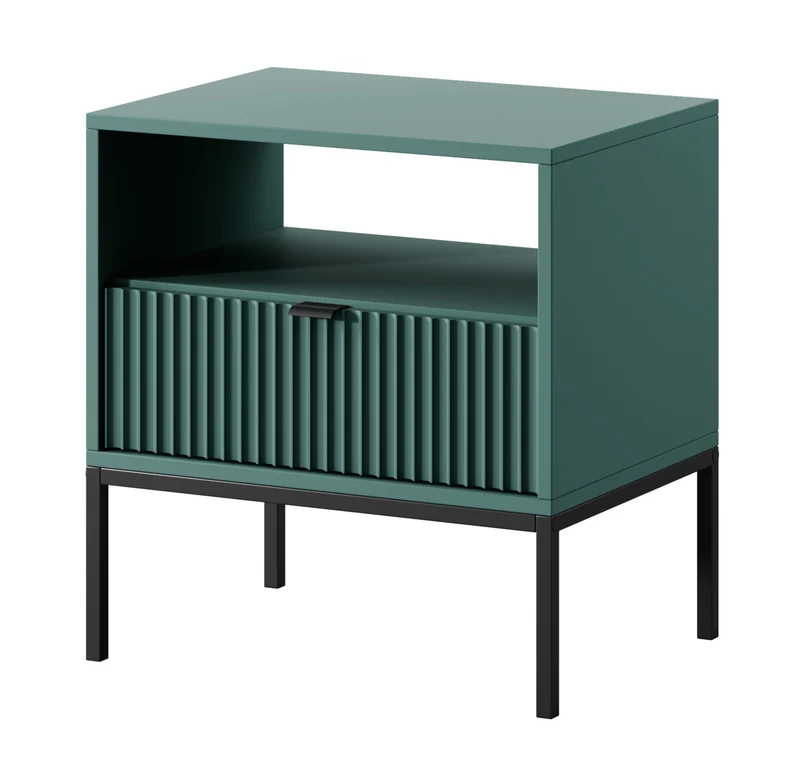 Nachttisch Vellore 54 cm grün mit geriffelter Front, schwarzen Griffen und Gestell