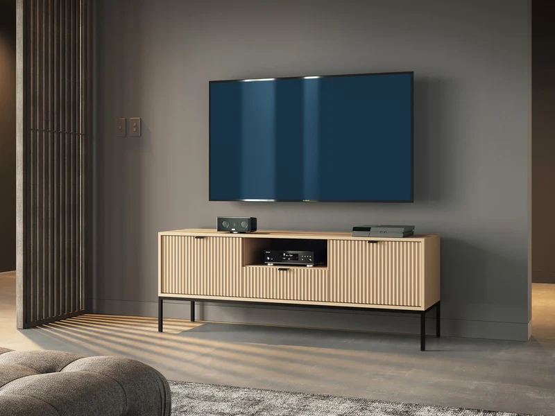 Zweittüriger TV-Schrank Vellore mit Schublade und geriffelter Front, 154 cm, Vicenza-Eiche auf schwarzen Füßen