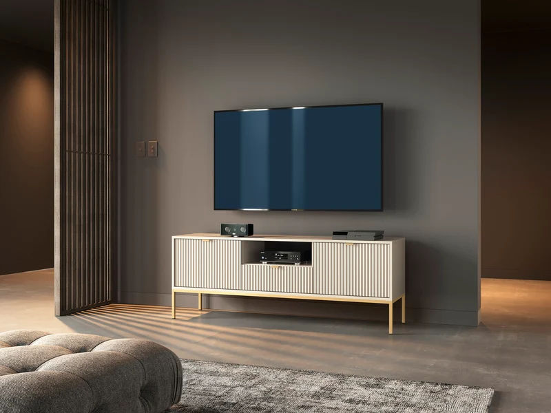 TV-Schrank Vellore 154 cm Kaschmir mit geriffelten Fronten und goldenem Gestell