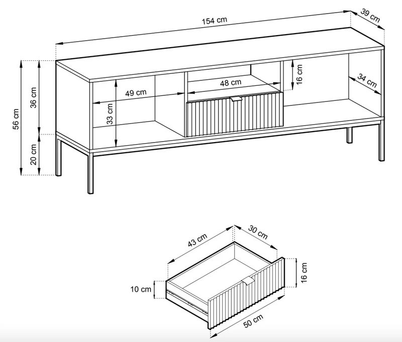 TV-Schrank Vellore 154 cm grün mit gerillten Fronten, goldenen Griffen und Gestell
