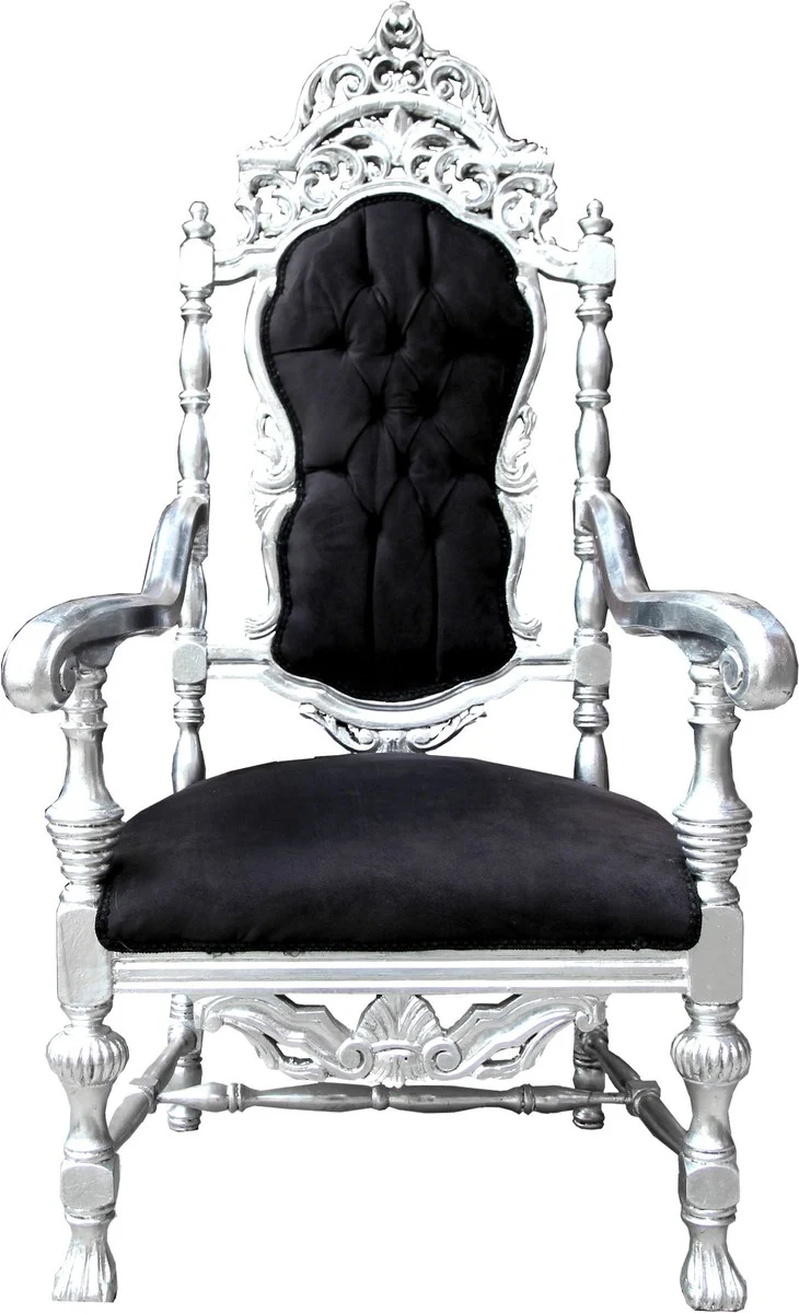 Casa Padrino Barock Thron Sessel Schwarz / Silber Königssessel - Hochzeitssessel - Riesensessel
