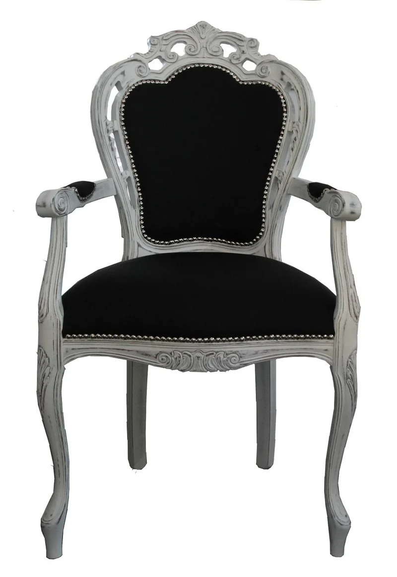 Casa Padrino Barock Esszimmer Stuhl mit Armlehne Schwarz / Vintage Weiß - Designer Stuhl - Luxus Qualität
