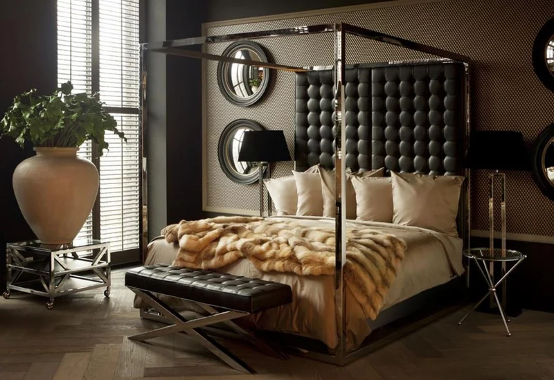 Casa Padrino Luxus Bettgestell mit Kopfteil in schwarzer Leder-Optik 190 x 220 x H. 220 cm - Designermöbel