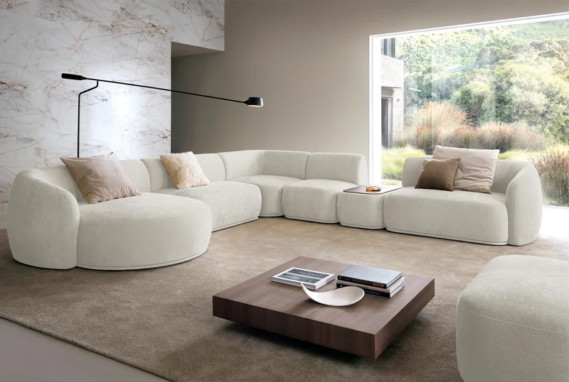 Modulare Ottomane Bommo, linksseitig, cremefarben, Chenille