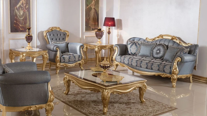 Casa Padrino Luxus Barock Sofa Blau / Gold - Handgefertigtes Barockstil Wohnzimmer Sofa mit elegantem Muster - Barock Wohnzimmer Möbel - Edel & Prunkvoll