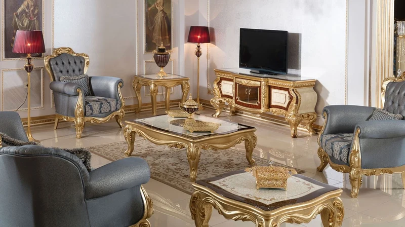 Casa Padrino Luxus Barock Sofa Blau / Gold - Handgefertigtes Barockstil Wohnzimmer Sofa mit elegantem Muster - Barock Wohnzimmer Möbel - Edel & Prunkvoll