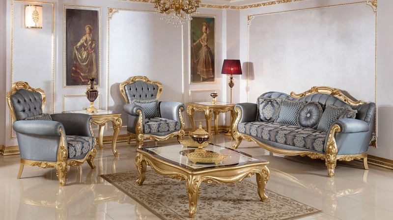 Casa Padrino Luxus Barock Sofa Blau / Gold - Handgefertigtes Barockstil Wohnzimmer Sofa mit elegantem Muster - Barock Wohnzimmer Möbel - Edel & Prunkvoll