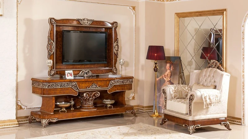 Casa Padrino Luxus Barock TV Schrank Braun / Bronzefarben - Prunkvolles Wohnzimmer Sideboard mit Rückwand - Barock Wohnzimmer Möbel - Edel & Prunkvoll