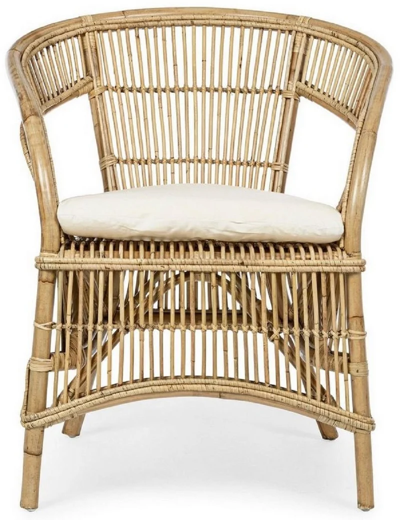 Casa Padrino Luxus Gartensessel Naturfarben / Weiß 68 x 65 x H. 82 cm - Rattan Garten & Terrassen Sessel mit Sitzkissen - Garten & Terrassen Möbel - Luxus Qualität