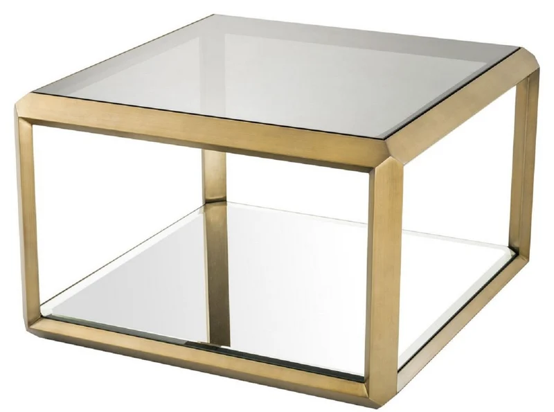 Casa Padrino Luxus Beistelltisch Messingfarben / Schwarz 75 x 75 x H. 55 cm - Edelstahl Tisch mit Glasplatte und Spiegelglas - Luxus Wohnzimmer Möbel