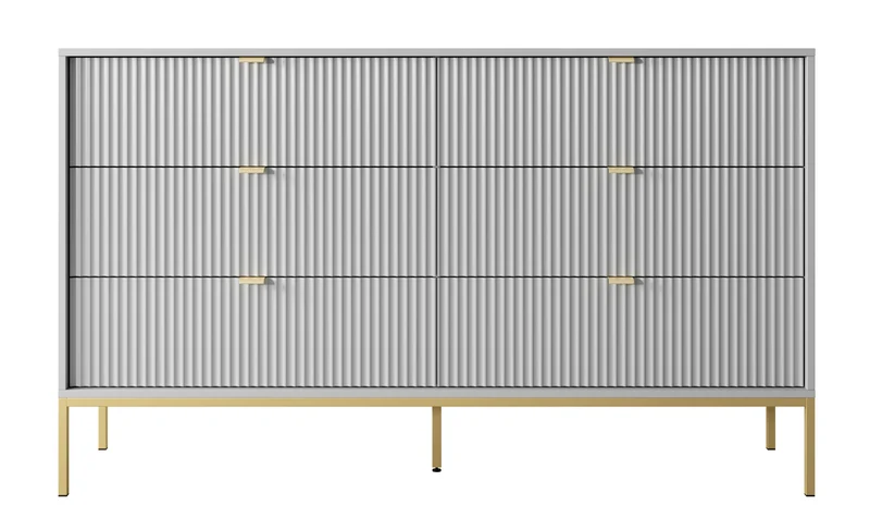 Sechsschubladige Kommode Vellore 154 cm grau mit gerillten Fronten und goldenem Gestell