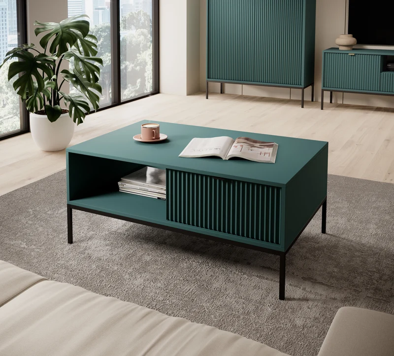 Couchtisch Vellore 104x68 cm grün mit geriffelter Front, schwarzen Griffen und Gestell