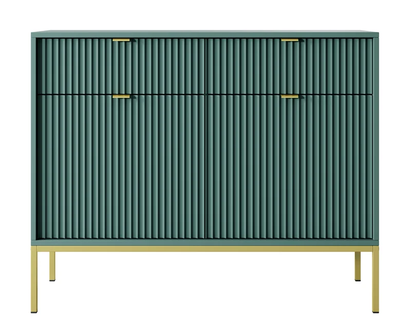 Zweiturige Kommode Vellore 104 cm grün mit gerillten Fronten, goldenen Griffen und Gestell